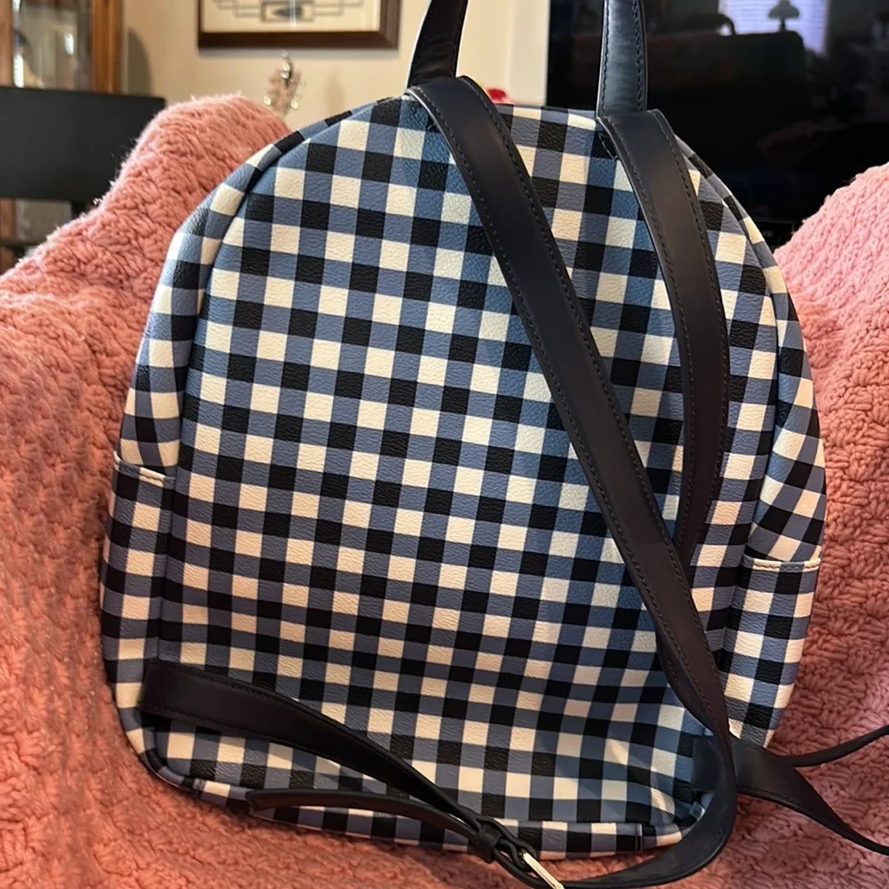 Kate Spade, large blue and white checkered backpack with extra front zipper part